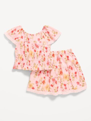 طقم تنورة وتنورة بأكمام قصيرة مطبوعة من Old Navy للفتيات الصغيرات - زهور وردية in Saudi Arabia
