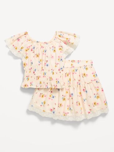 Old Navy Printed Short-Sleeve Top and Skirt Set for Toddler Girls - Cream Floral in Saudi Arabia