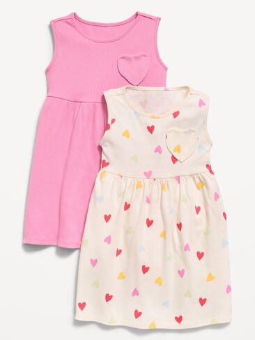 فستان Old Navy بدون أكمام بجيب على شكل قلب، عبوة من قطعتين للفتيات الصغيرات - قلوب متعددة كريمية in Saudi Arabia