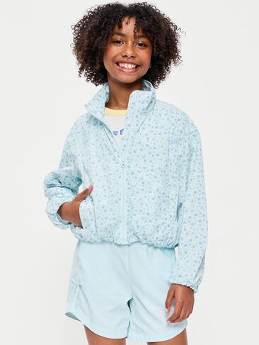 Old Navy Printed Full-Zip Bubble-Hem Jacket for Girls - Light Blue Floral in Saudi Arabia