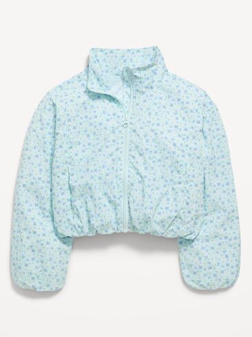 Old Navy Printed Full-Zip Bubble-Hem Jacket for Girls - Light Blue Floral in Saudi Arabia