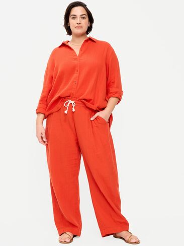 بنطال للكاحل من الشاش المجعد عالي الخصر من Old Navy - برتقالي مزخرف in Saudi Arabia