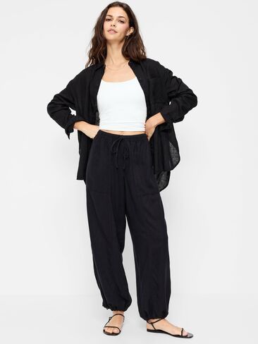 Old Navy Mid-Rise Linen-Blend Cinched-Ankle Pants - Black Jack in Saudi Arabia