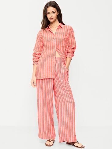 بنطال Old Navy عالي الخصر مصنوع من مزيج الكتان وواسع الساق - شريط برتقالي in Saudi Arabia