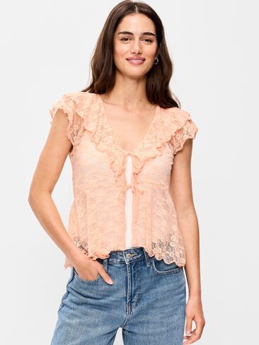 Old Navy Short-Sleeve Open-Front Lace Ruffle Top - Peach Gelato in Saudi Arabia