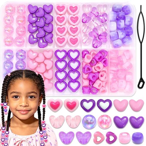 NAISKA 108PCS Heart Hair Beads Pink Braids Beads 11 Styles Hair Bead Set Red Round Pony Bead Loc Valentine's Day Braids Accessories in Saudi Arabia