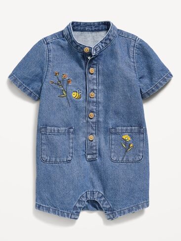 Old Navy Embroidered Chambray One-Piece Romper for Baby - Chambray Blue Floral in Saudi Arabia