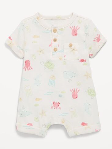 Old Navy Printed Ribbed Henley Pocket One-Piece Romper for Baby - SEA CREATURE GREEN in Saudi Arabia