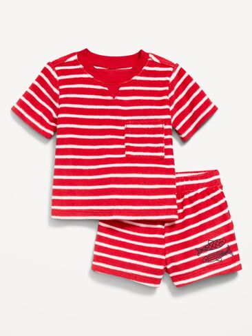 طقم قميص وسروال قصير الأكمام بجيب تيري من Old Navy للأطفال - خطوط حمراء in Kuwait