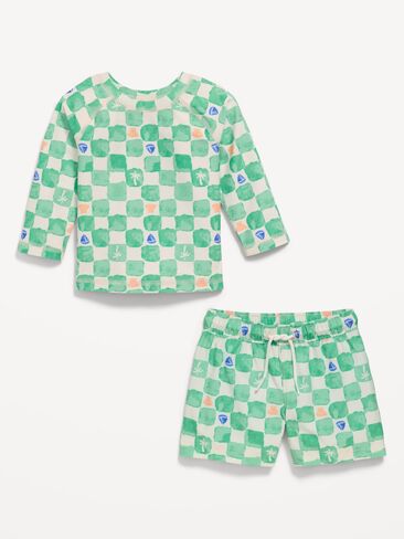 Old Navy Long-Sleeve Rashguard Swim Top and Trunks Set for Baby - Green Check in Saudi Arabia