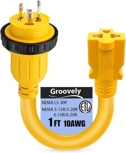 سلك تمديد لتحويل الطاقة البحرية من 30 أمبير إلى 15 أمبير، متوافق مع معايير NEMA L5-30P إلى 5-15/20R، لمقابس التحويل البحرية من النوع 10AWG 30 أمبير إلى 20 أمبير T (1 قدم) in Kuwait