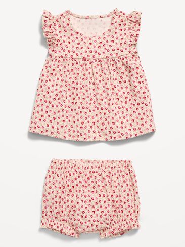 Old Navy Ribbed Flutter-Sleeve Top and Shorts Set for Baby - Red Floral in Saudi Arabia