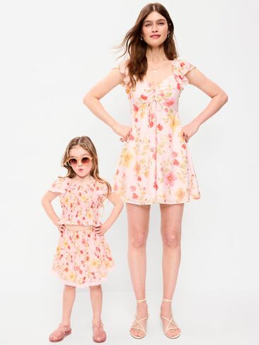 Old Navy Ribbed Flutter-Sleeve Top and Shorts Set for Baby - Red Floral in Saudi Arabia