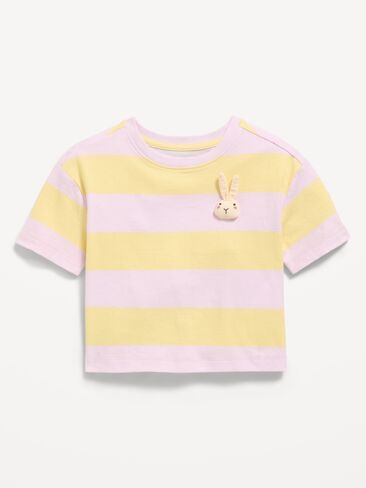 تي شيرت Old Navy Boxy بأكمام قصيرة مزين للفتيات الصغيرات - شريط أرجواني in Kuwait