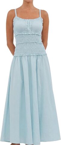 Women Spaghetti Strap Maxi Dress Sleeveless Scoop Neck Ruffle Tiered Elastic Casual Boho Flowy Dress in Saudi Arabia