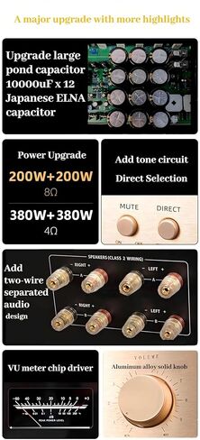 مضخم صوت مدمج Audiophile - مضخم صوت ستيريو هجين من الفئة A/AB بقدرة 200 وات × 2، 8X ON شبه MJ15024G أنابيب مختومة بالذهب، ومحولات حلقية مزدوجة و125 ديسيبل SNR، ومضخم طاقة عالي الجودة (أسود) in Kuwait