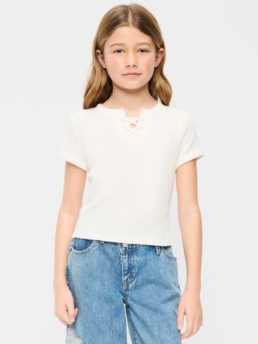 Old Navy Fitted Short-Sleeve Lace-Up Waffle-Knit Top for Girls - Creme De La Creme in Saudi Arabia