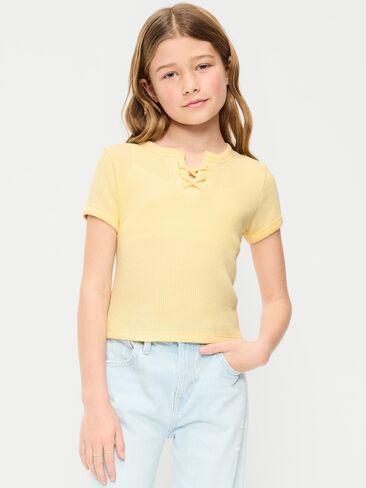 Old Navy Fitted Short-Sleeve Lace-Up Waffle-Knit Top for Girls - Golden Straw in Saudi Arabia