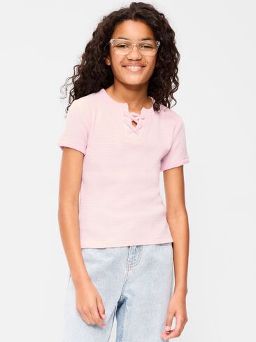 Old Navy Fitted Lace-Front Waffle-Knit Top for Girls - Pink Stripe in Saudi Arabia