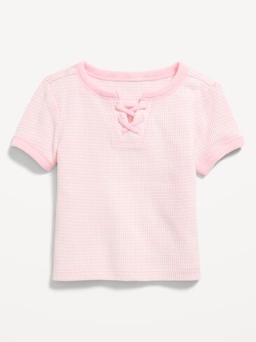 Old Navy Fitted Lace-Front Waffle-Knit Top for Girls - Pink Stripe in Saudi Arabia