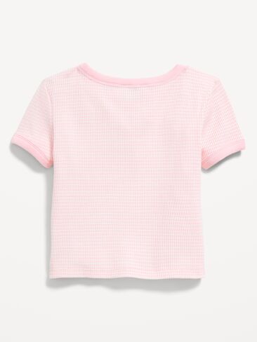 Old Navy Fitted Lace-Front Waffle-Knit Top for Girls - Pink Stripe in Saudi Arabia