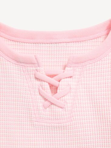 Old Navy Fitted Lace-Front Waffle-Knit Top for Girls - Pink Stripe in Saudi Arabia