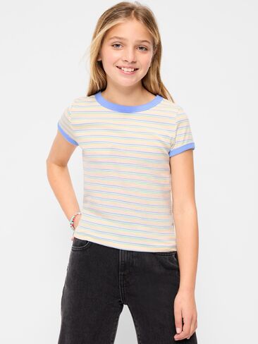 Old Navy Fitted Short-Sleeve Ribbed Ringer T-Shirt for Girls - Sweet Pink Stripe in Saudi Arabia