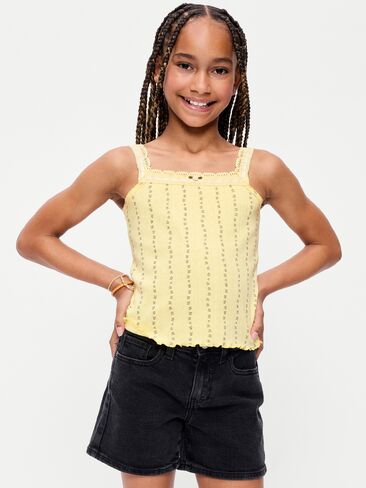 Old Navy Fitted Lace-Trim Pointelle Tank Top for Girls - Golden Straw in Saudi Arabia