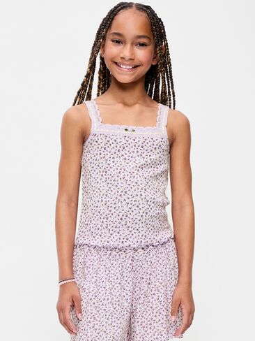 Old Navy Fitted Lace-Trim Pointelle Tank Top for Girls - Purple Ditsy Floral in Saudi Arabia