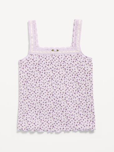 Old Navy Fitted Lace-Trim Pointelle Tank Top for Girls - Purple Ditsy Floral in Saudi Arabia