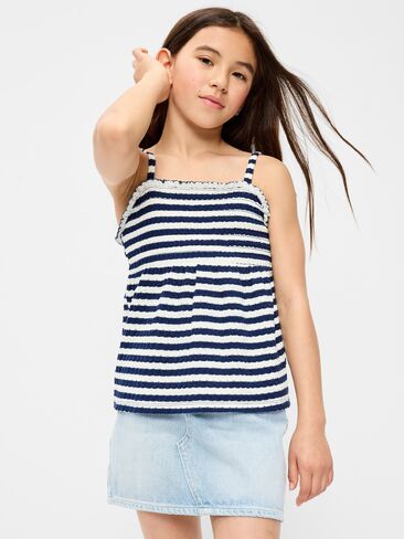 Old Navy Printed Sleeveless Textured Smocked Top for Girls - Navy Stripe in Saudi Arabia