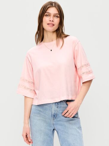 Old Navy Vintage Crew-Neck Cropped Lace-Trim T-Shirt - Pastel Pink in Saudi Arabia