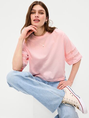 Old Navy Vintage Crew-Neck Cropped Lace-Trim T-Shirt - Pastel Pink in Saudi Arabia