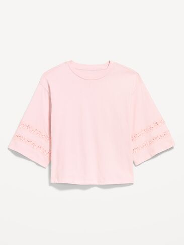 Old Navy Vintage Crew-Neck Cropped Lace-Trim T-Shirt - Pastel Pink in Saudi Arabia