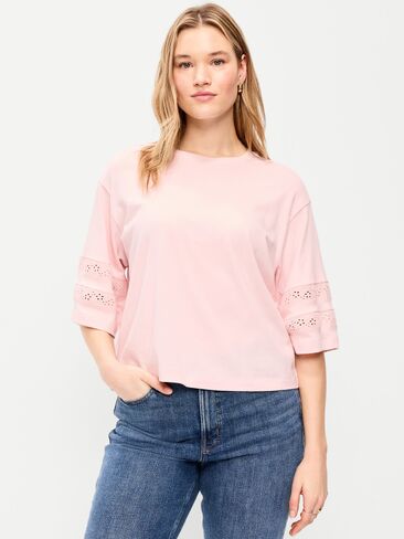 Old Navy Vintage Crew-Neck Cropped Lace-Trim T-Shirt - Pastel Pink in Saudi Arabia