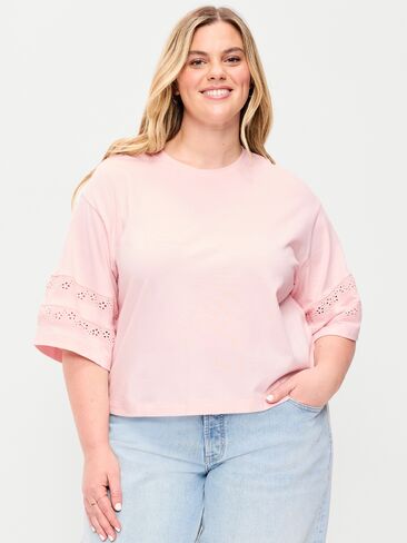Old Navy Vintage Crew-Neck Cropped Lace-Trim T-Shirt - Pastel Pink in Saudi Arabia