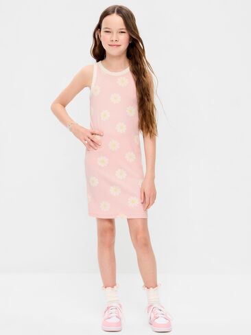 Old Navy Printed Ribbed Tank Dress for Girls - Pink Daisy in Saudi Arabia