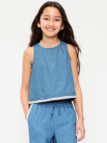 بلوزة شامبراي بدون أكمام بأطراف دانتيل للبنات من Old Navy - لون فاتح شامبراي in Saudi Arabia