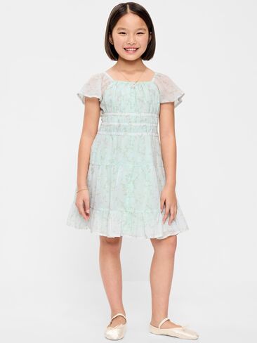 Old Navy Fit and Flare Crinkle Gauze Tiered Dress for Girls - Pale Blue in Saudi Arabia