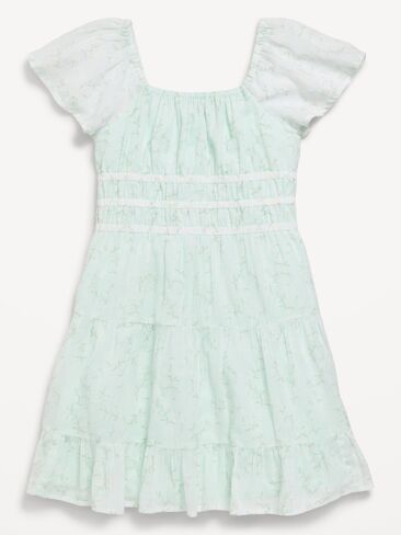 Old Navy Fit and Flare Crinkle Gauze Tiered Dress for Girls - Pale Blue in Saudi Arabia