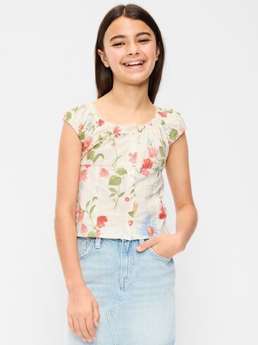 Old Navy Fitted Button-Front Poplin Top for Girls - Cream Floral in Saudi Arabia