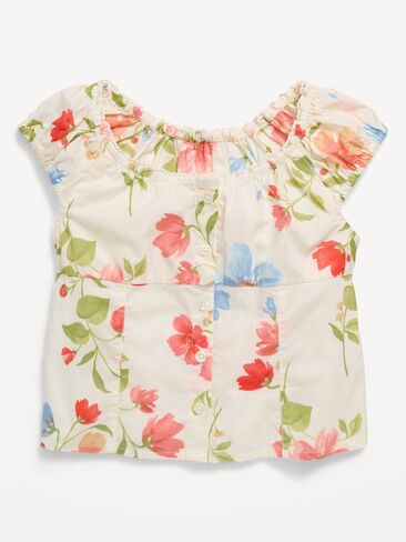 Old Navy Fitted Button-Front Poplin Top for Girls - Cream Floral in Saudi Arabia