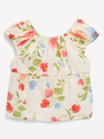 Old Navy Fitted Button-Front Poplin Top for Girls - Cream Floral in Saudi Arabia