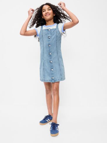 Old Navy Sleeveless Fit and Flare Button-Front Jean Dress for Girls - Light Wash in Saudi Arabia
