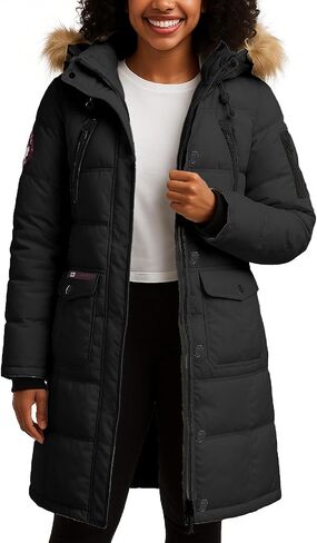 معطف طويل منتفخ للسيدات من CANADA WEATHER GEAR - جاكيت ثقيل الوزن مقاوم للماء والرياح من الفرو الصناعي سترة شتوية للنساء، مقاس متوسط، أسود in Saudi Arabia