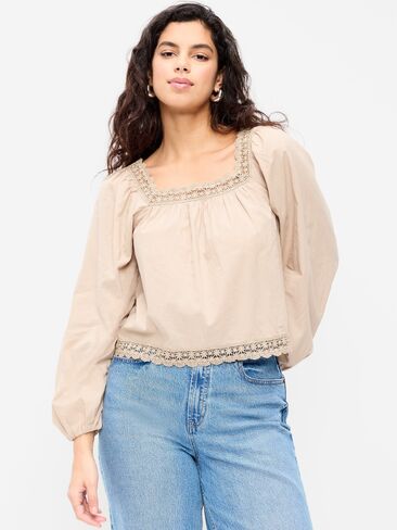 قميص Old Navy بأكمام طويلة مزين بالدانتيل - موكا تافي in Saudi Arabia