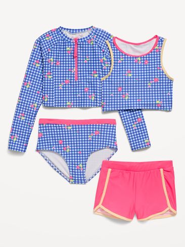 Old Navy Zip Rashguard Swim 4-Piece for Girls - Blue Gingham in Saudi Arabia