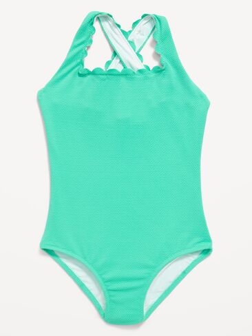 Old Navy Textured Scallop Cross-Back One-Piece Swimsuit for Girls - BIONIC GLOW NEON in Saudi Arabia