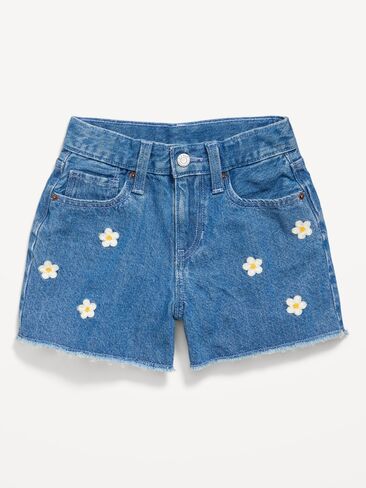 Old Navy High-Waisted Embroidered Frayed-Hem Jean Shorts for Girls - White Floral in Saudi Arabia