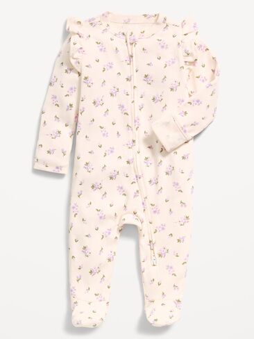 Old Navy Ruffle-Trim 2-Way-Zip Sleep & Play Footed One-Piece for Baby - Cream Floral in Saudi Arabia